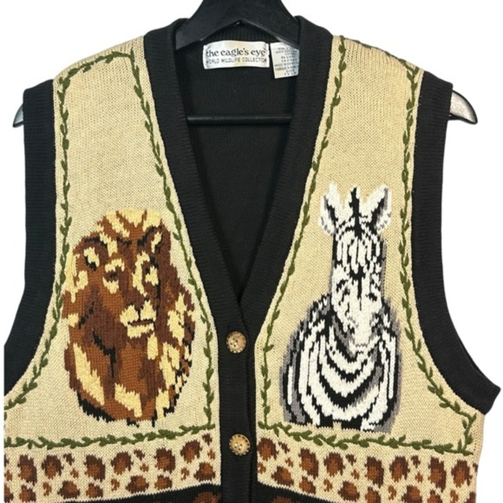 Vintage 90s Eagles Eye Safari Zebra Knit‎ Vest Size L Lion Animal Print African - Picture 4 of 15